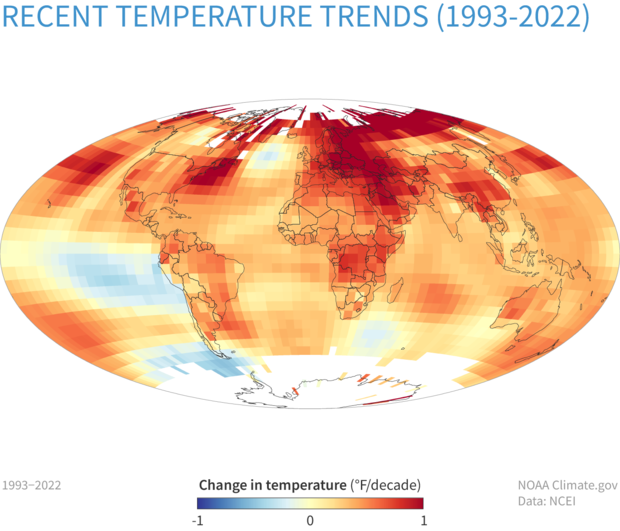Map showing trends in global average surface temperature between 1990 and 2022