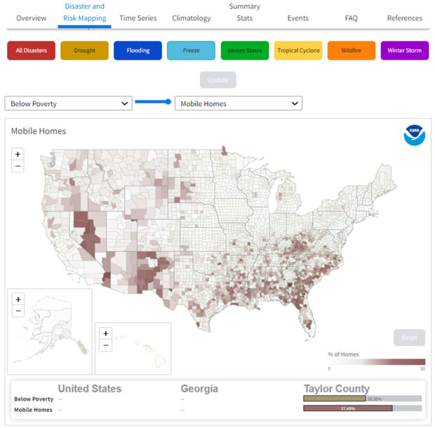 Screenshot of county-level maps of poverty level and mobile home prevalence