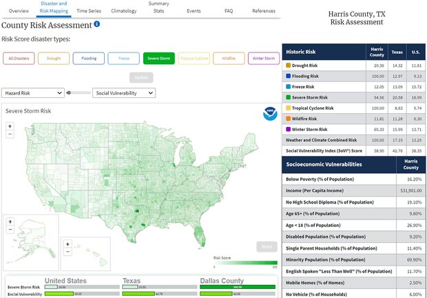 Screenshot of Billion-dollar disaster county mapping tool filtered by severe storm risk