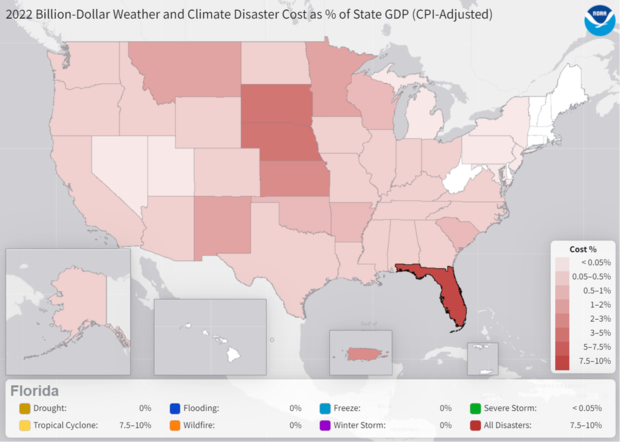 U.S. map of billion-dollar disasters as a percent of state GDP