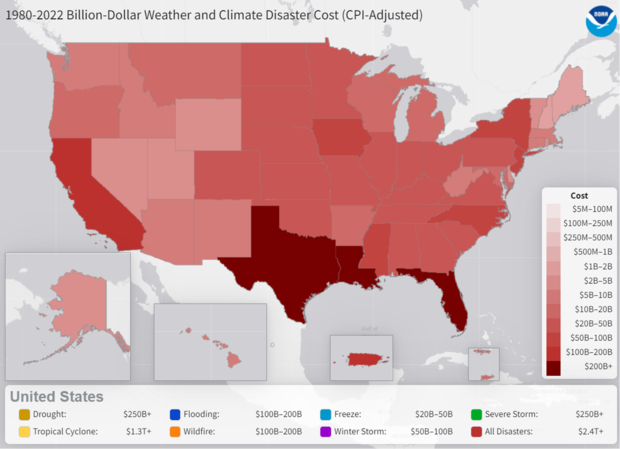 U.S. map of combined total billion-dollar disaster costs 1980-2022