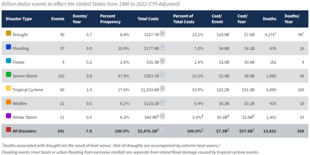 Screenshot of table of cost and death statistics by billion-dollar disaster event type