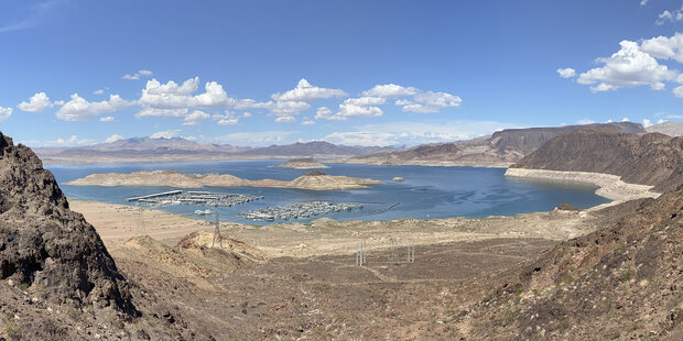 Panoramic photo of Lake Mead during drought