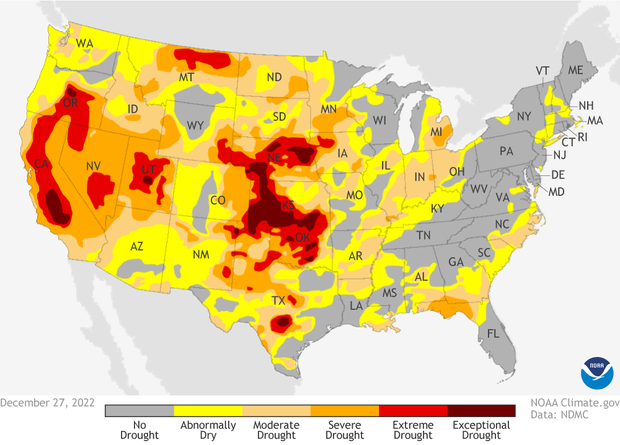 Drought Monitor released on December 27, 2022. Yellow, oranges, and reds indicate increasing severities of drought. Western drought continues.