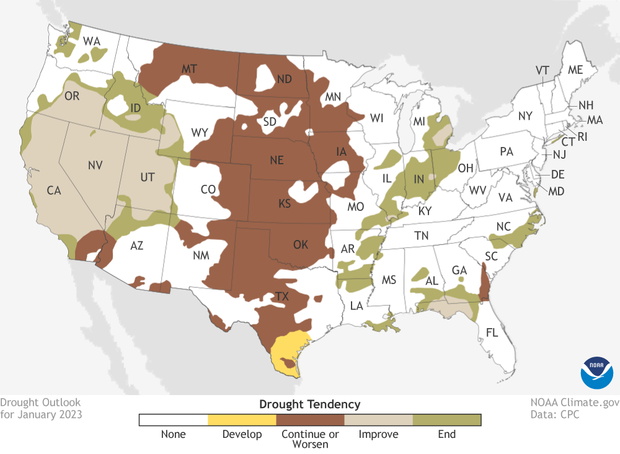 January 2023 drought outlook. Browns over central US indicates where drought is expected to persist. Greens over western US indicate where drought is expected to improve or be removed. Yellows over southern Texas indicates where drought is favored to develop.