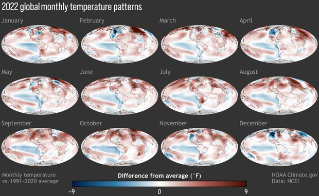 Small maps of monthly global temperature anomalies in 2022 arranged in 3 rows of 4 maps starting with January at upper left