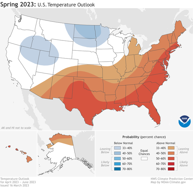 Map of U.S. temperature outlook for spring 2023