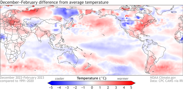 map showing global temperature patterns in winter 2022-23