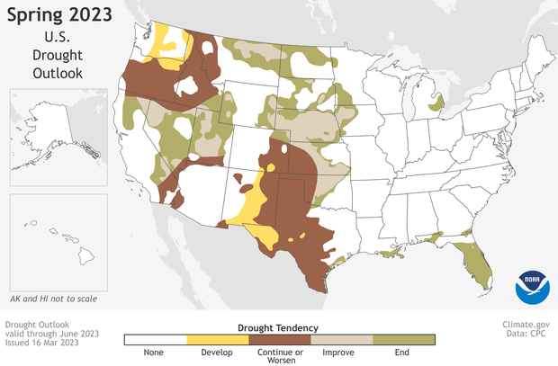 Map of United States showing forecasted changes in drought through spring 2023
