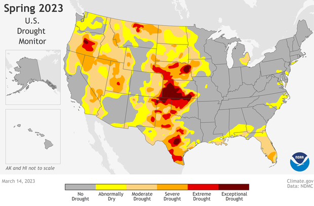 Map of U.S. drought conditions on March 14, 2023