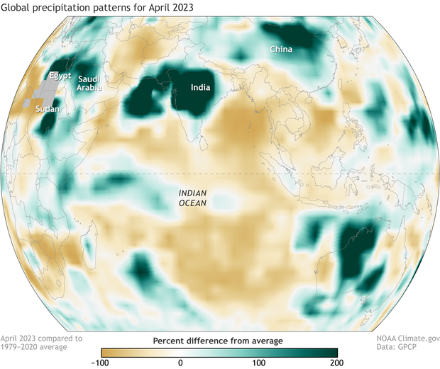Global map of precipitation patterns around the Indian Ocean in April 2023