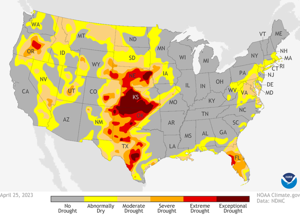 Map of contiguous United States showing drought status categories as of April 25, 2023