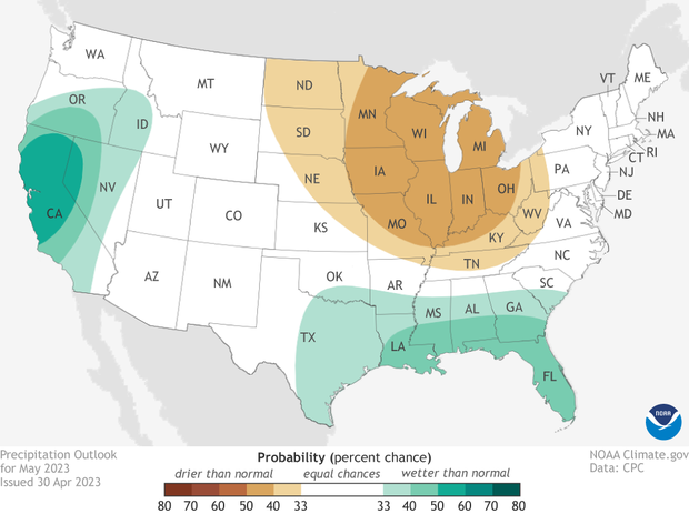 Map of contiguous United States showing May 2023 precipitation forecast