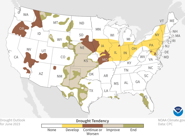 Map of drought outlook for the United States for June 2023