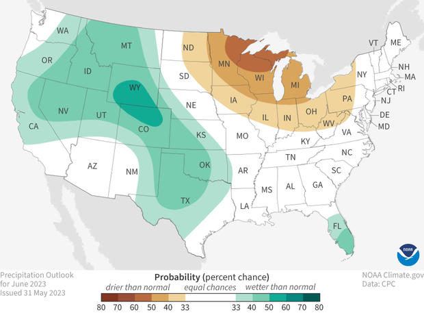 U.S. map of predicted temperature patterns for June 2023