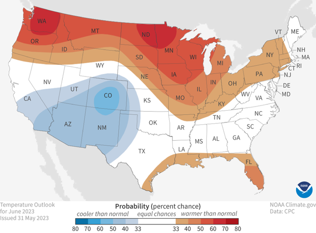 U.S. map of predicted temperature patterns for June