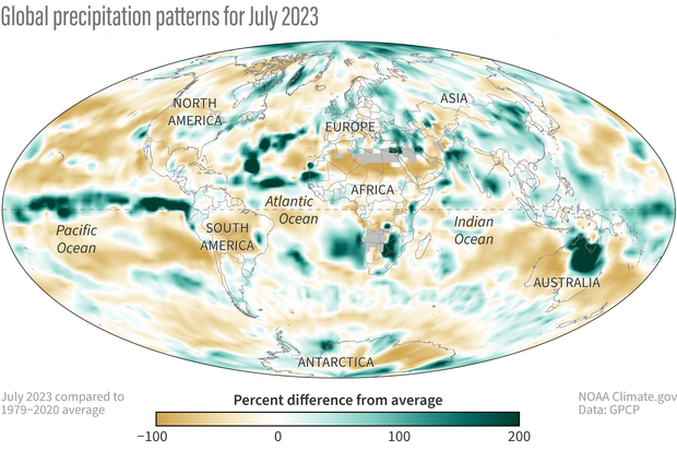 Global map of July 2023 precipitation patterns