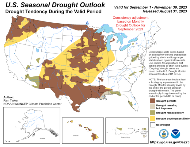 Map of U.S. drought forecast for September 2023