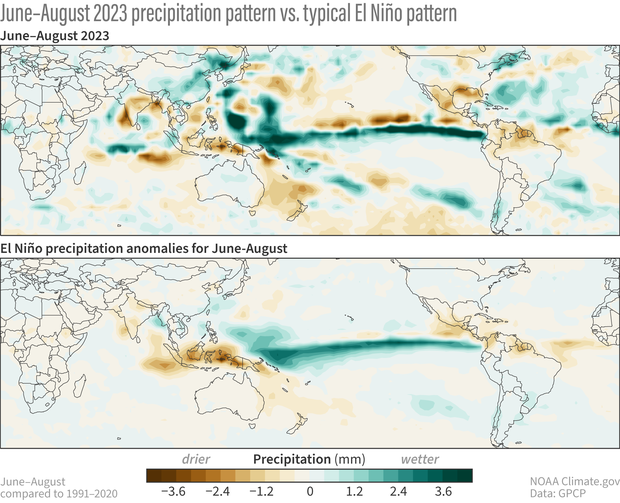 Two panel image. Top: June-August 2023 precipitation anomalies centered on the Pacific ocean. Blue greens across central/eastern Pacific indicate above-average precipitation. Browns over maritime continent, northern South America and Central America indicate below-average precipitation. Both reflect El Nino. Bottom: June-August precipitation anomaly pattern during El Ninos since 1979. Pattern is similar.