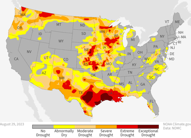 U.S. map of drought conditions in late August 2023