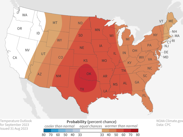 U.S. map of temperature probability forecast