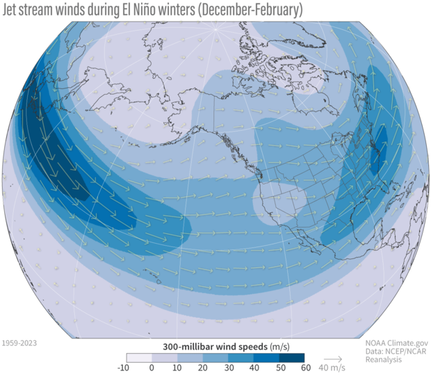map showing average jet stream during El Nino winters