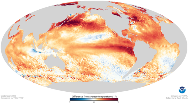 map showing September 2023 global ocean temperature anomaly