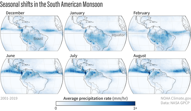 Six maps of northern South America showing seasonal rainfall
