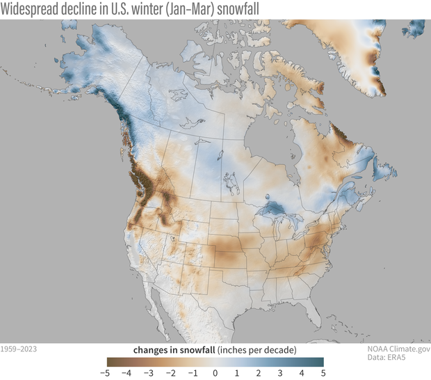Map of North America snow changes over the period 1959-2023 patterns during El Niño winters