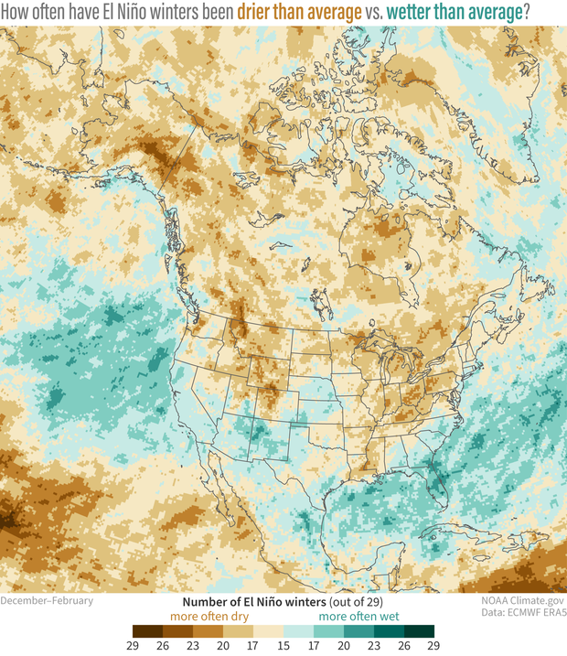 Map of North America precipitation anomaly patterns during El Niño winters