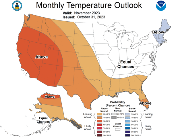 US map of temperature outlook for Nov 2023