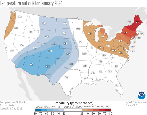 U.S. map of January 2024 forecasted temperatures