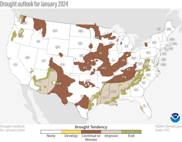 U.S. map of the January 2024 drought outlook