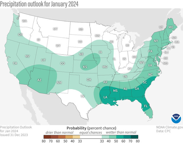 U.S. map of January 2024 precipitation outlook