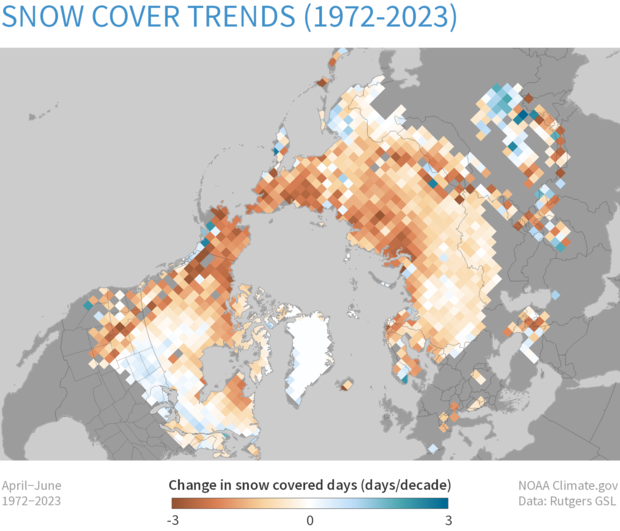 Map of change in snow-covered spring days in the Northern Hemisphere