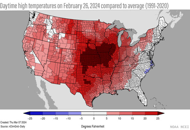 U.S. county map of temperature patterns on February 26