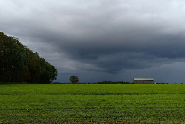 Photo of rainstorm over agricultural field