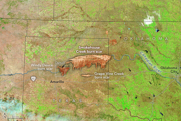 False-color satellite image of Texas fire burned area