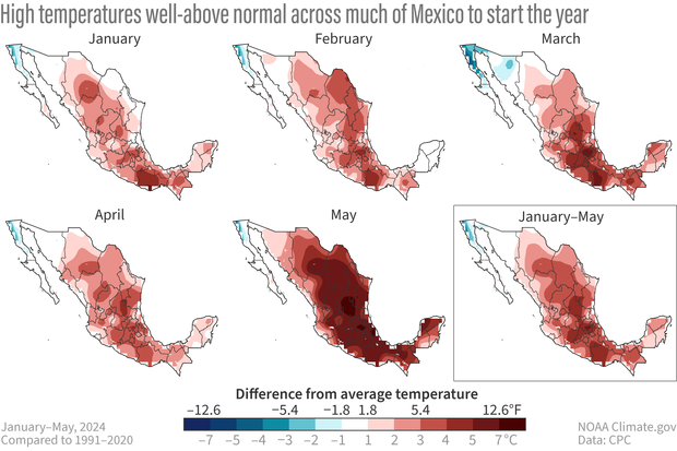 Mexico temperature anomaly Jan to May 2024