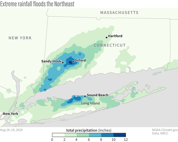 Map of U.S. northeast showing extremely high rainfall totals