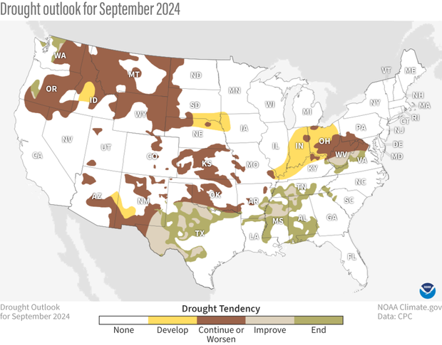 Map of contiguous United States and Alaska showing drought changes predicted for September 2024