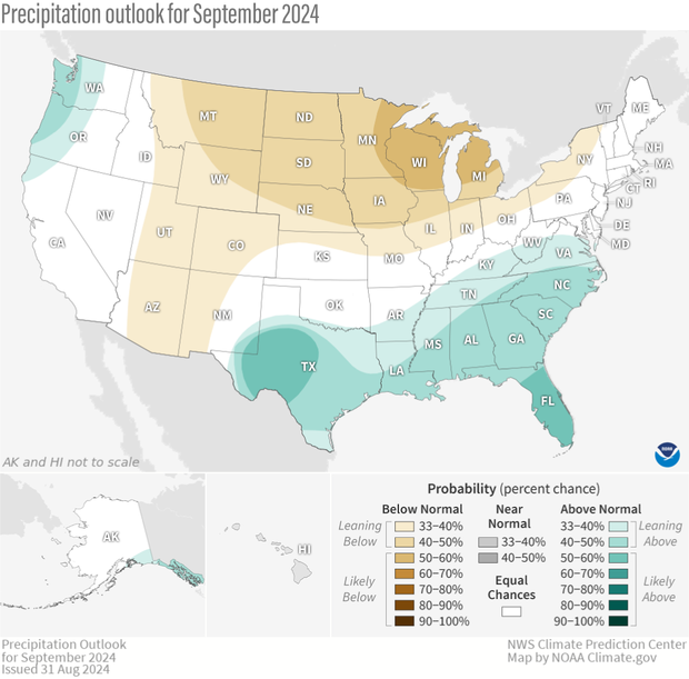 Map of contiguous United States and Alaska showing places favored for a wetter- or drier-than-average September in 2024