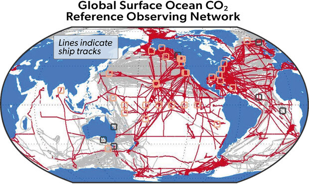 A map displaying the measurements of carbon dioxide at the ocean's surface in the past decade
