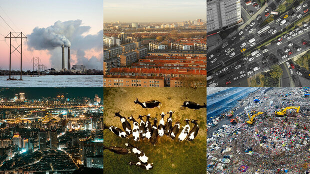 A montage of images depicting greenhouse gas effects around various landscapes