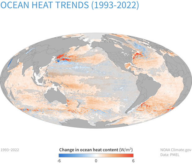 A graphic displaying ocean heat trends from 1993 to 2022