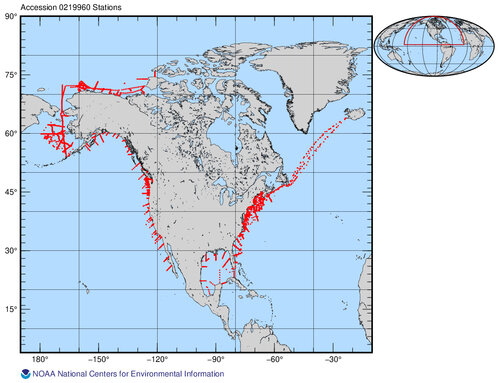 A map depicting the Coastal Ocean Data Analysis Product in North America