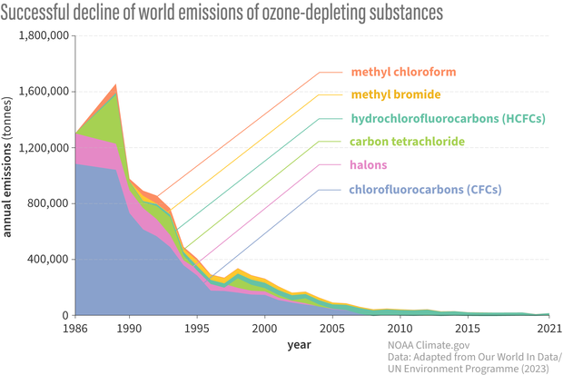 Filled line graph showing how emissions of the main ozone-destroying chemicals dropped steeply in the 1990s and have continued to decline 
