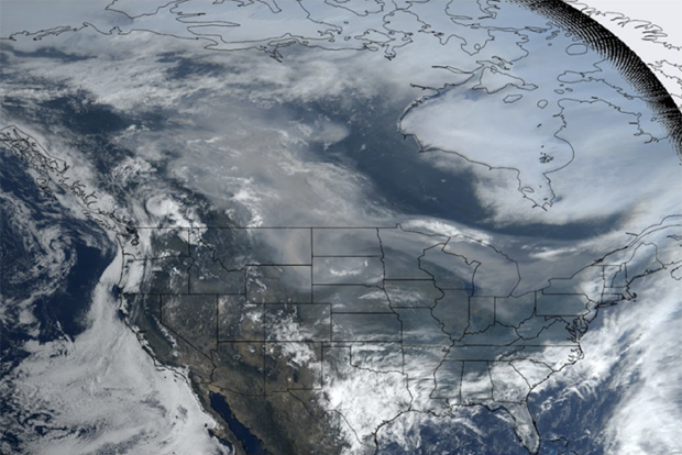 Satellite image of wildfire smoke across North America