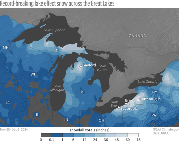 map of snowfall totals across the Great Lakes Nov 28 to Dec 8, 2024