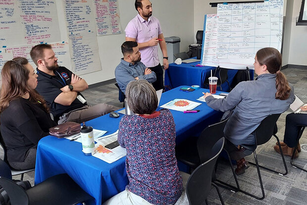 Workshop participants seated around table with whiteboard